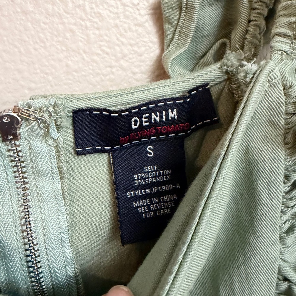 Flying Tomato Denim Jumpsuit S Sage Green Ruffle Cutout Flare - Picture 2 of 5
